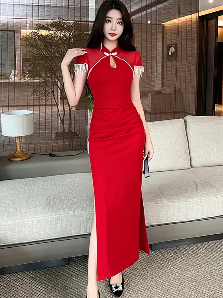 Women Elegant Diamonds Tassel Short Sleeve Robe 2025 Korean Vintage Luxury Cheongsam Dress Summer Red Patchwork Sheer Sexy Dress