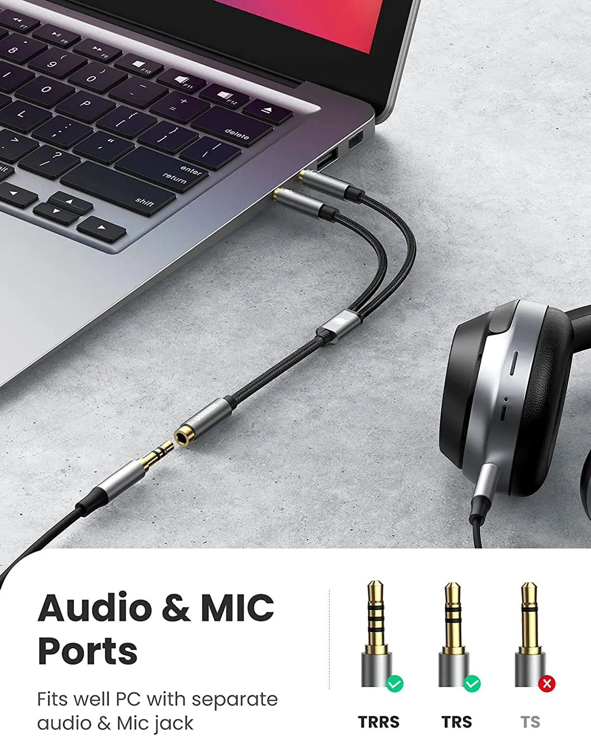 UGREEN Splitter per cuffie per computer Cavo sdoppiatore audio intrecciato da 3,5 mm femmina a 2 doppi maschi da 3,5 mm