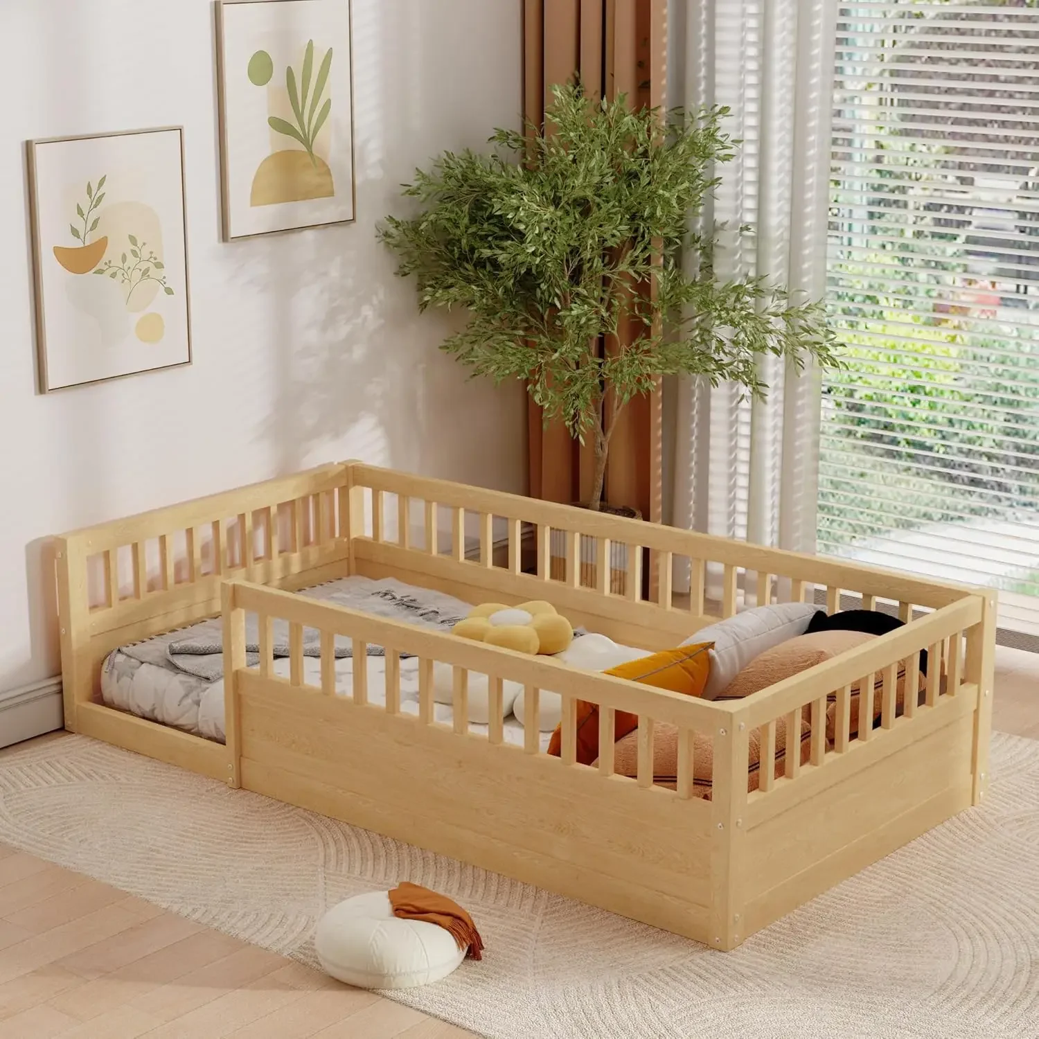 Twin Size Montessori Bed with Fence, Toddler Floor Bed Frame with High Rails for Children Bedroom,Toddlers, Boys Girls,