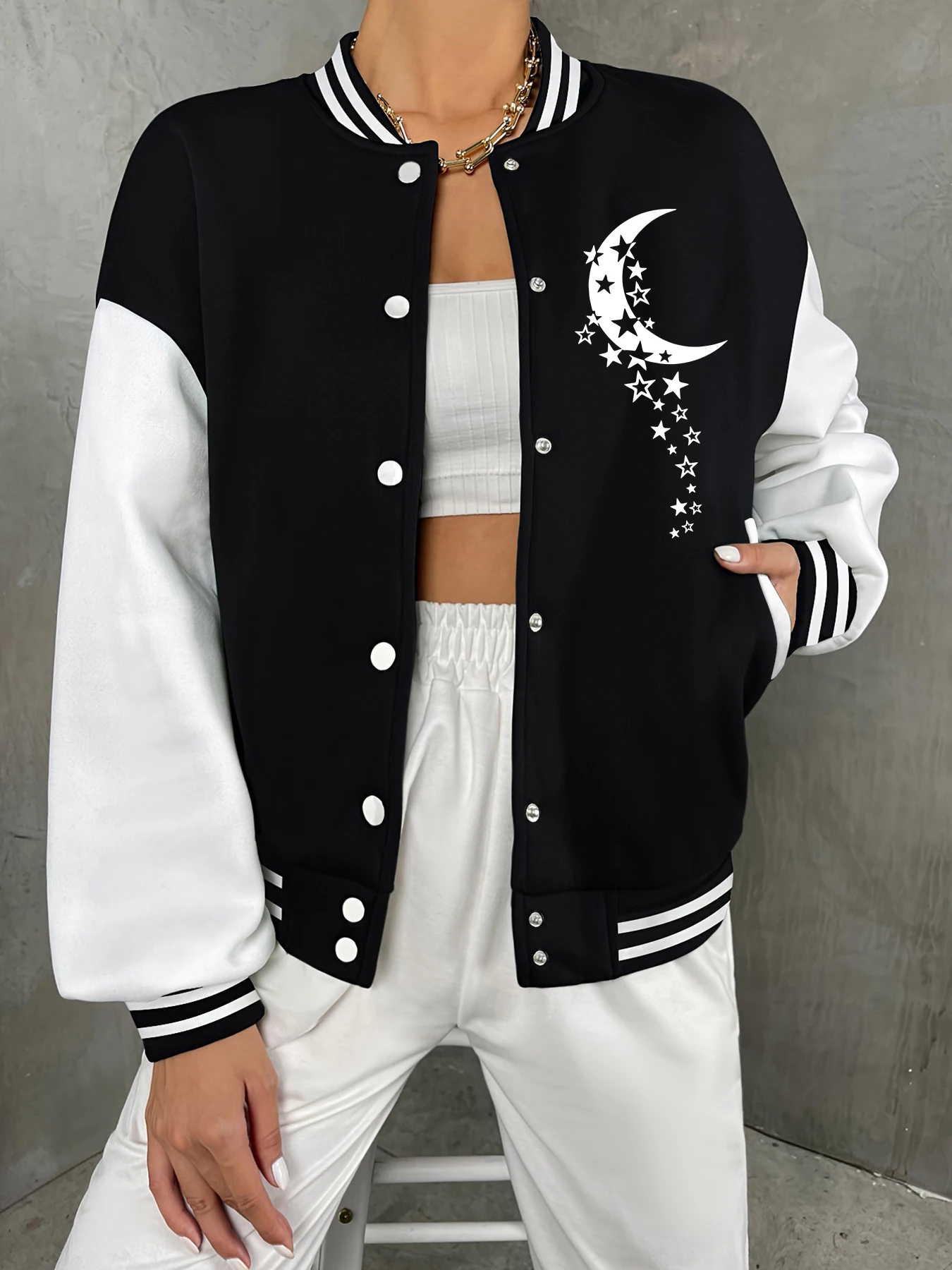 

Moon-Star Cluster Casual Coat Women Baseball Jacket Hip-Hop Fashion Streetwear Fleece Warm Loose Clothing Winter Thick Tracksuit
