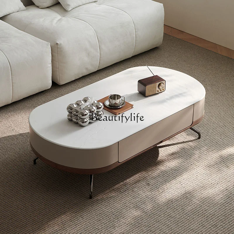 

Coffee table 2024 new living room household small apartment oval microcrystalline stone minimalist high sense