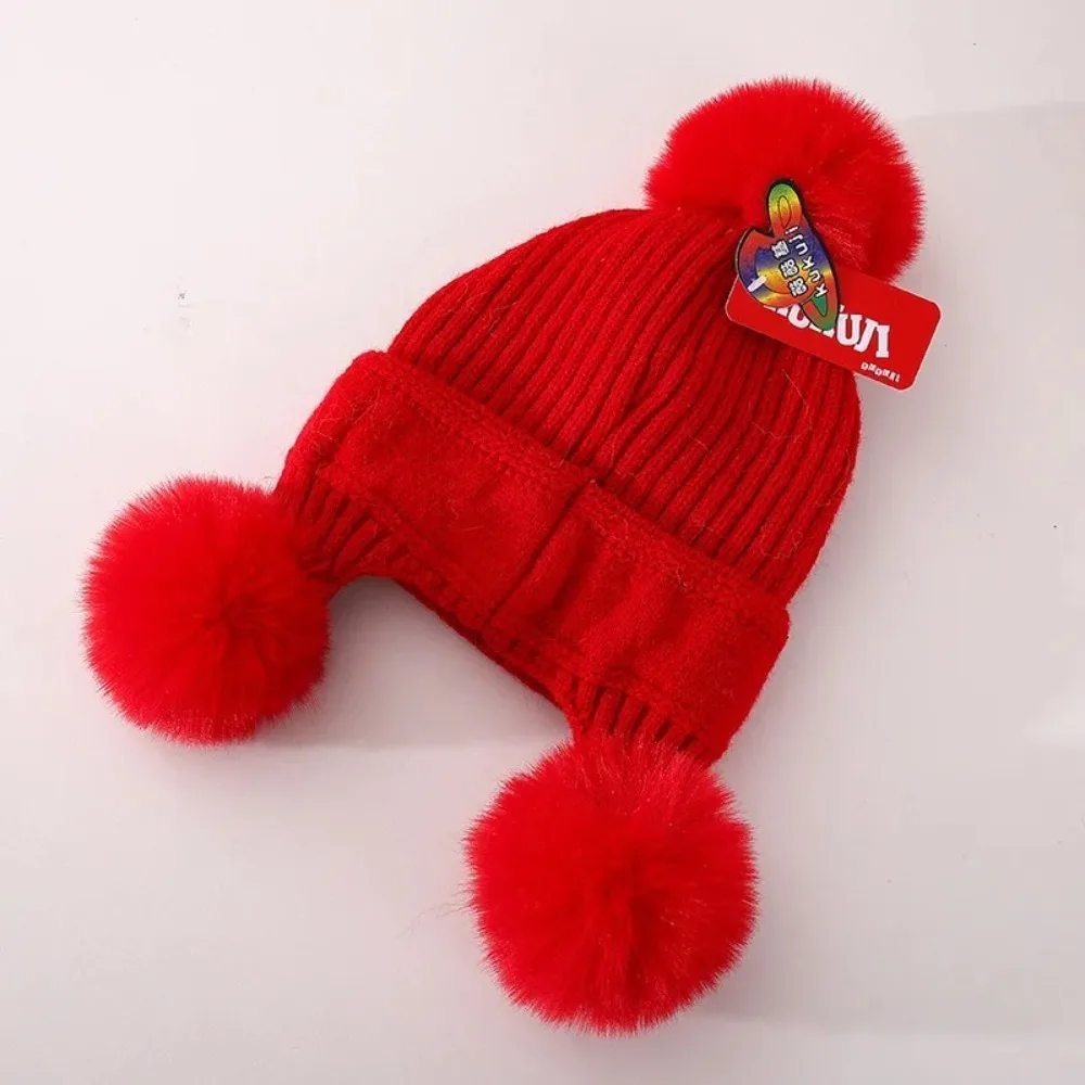 New Cartoon Dinosaur Knitted Hats with Earflap Fur Ball Beanies Cap Ear Protection Fleece Lining Woolen Hat Winter