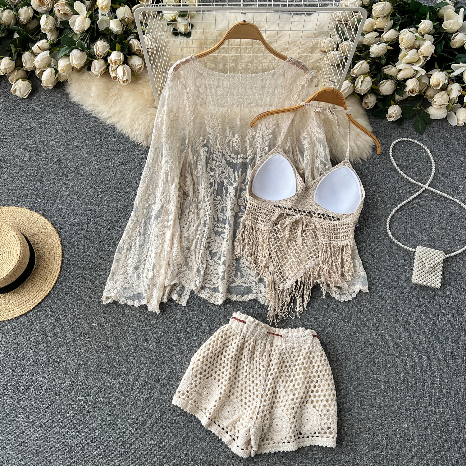 Summer New Sle Lace Embroidery Hollow out Ne Hanging Braid Top orts Tee Piece Set Women's Faionable Holiday Theme