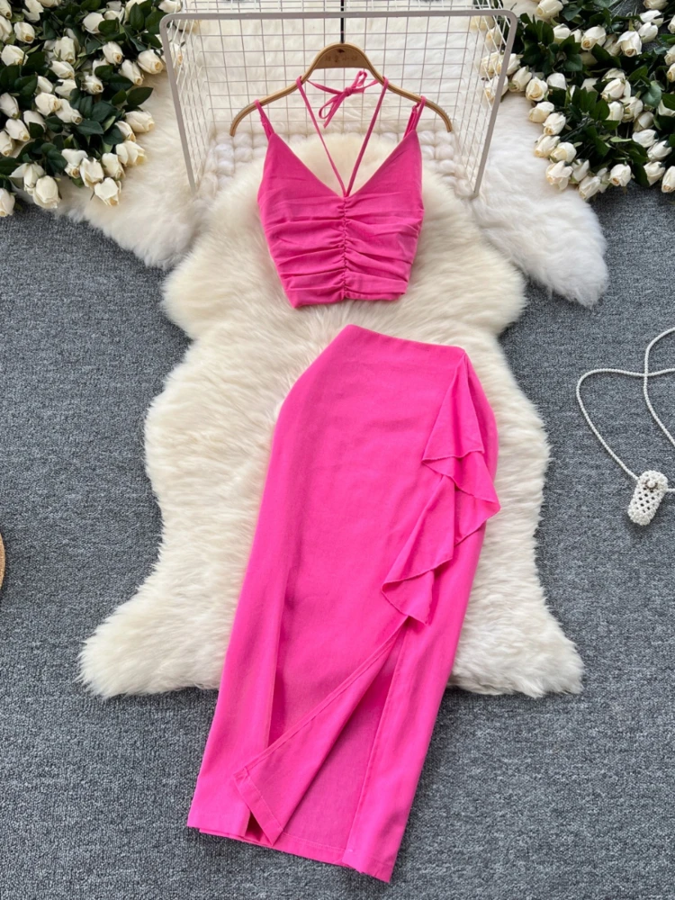 

Women Sexy Seaside Vacation Party Beach Suits Summer Pleat Hang Neck Strap Short Top Ruffled Edge Split Bodycon Skirt Sets