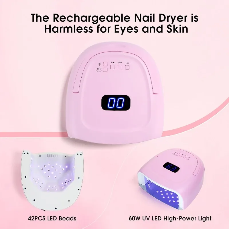 60W Professional Rechargeable UV LED Nail Lamp Wireless Gel Laquer Manicure Pedicure Lamps Smart Sensor Nail Dryer