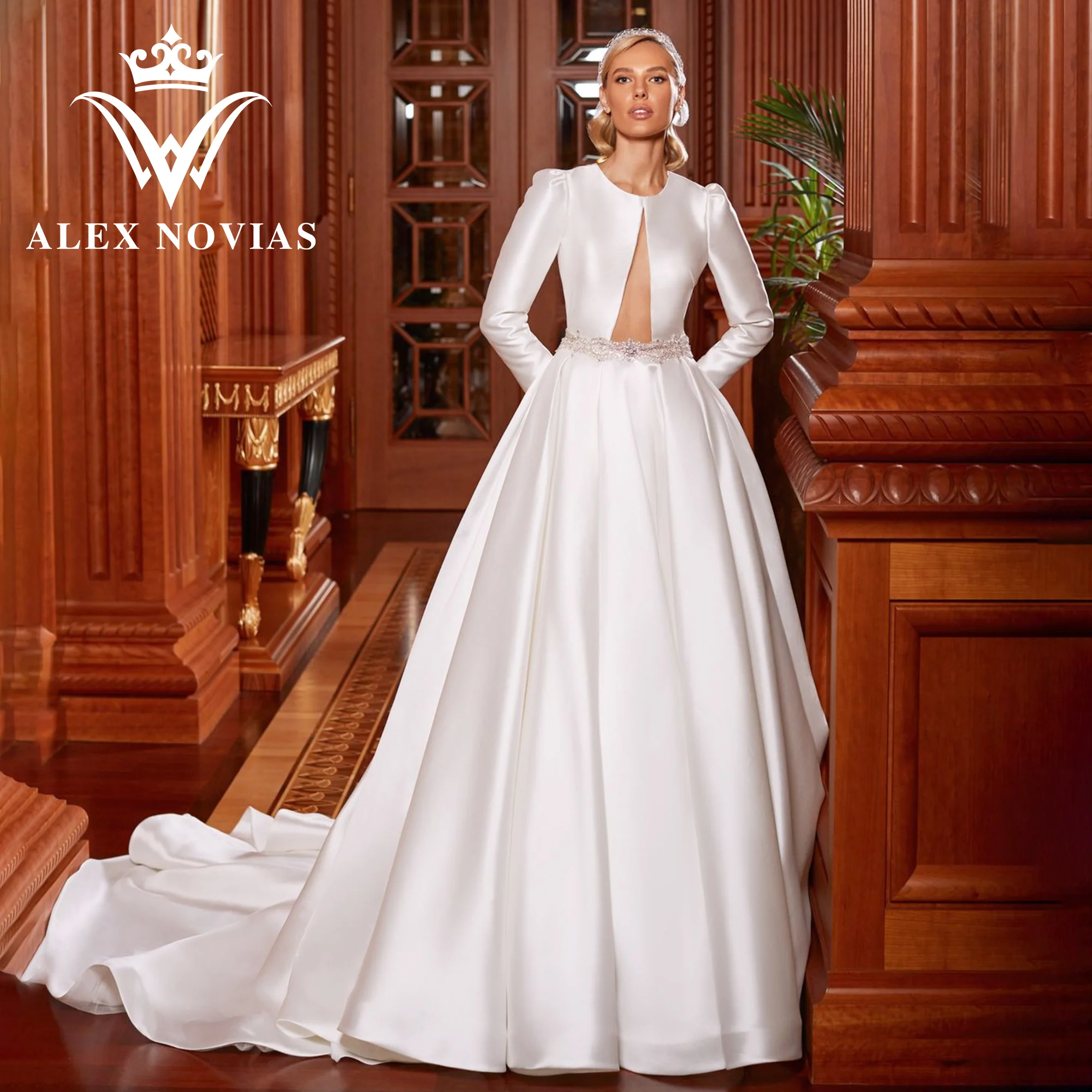 

ALEX NOVIAS Long Sleeve Satin Wedding Dresses 2023 O-Neck Backless Crop Top CRYSTAL Belt Wedding Gown Vestidos Novias De Saten