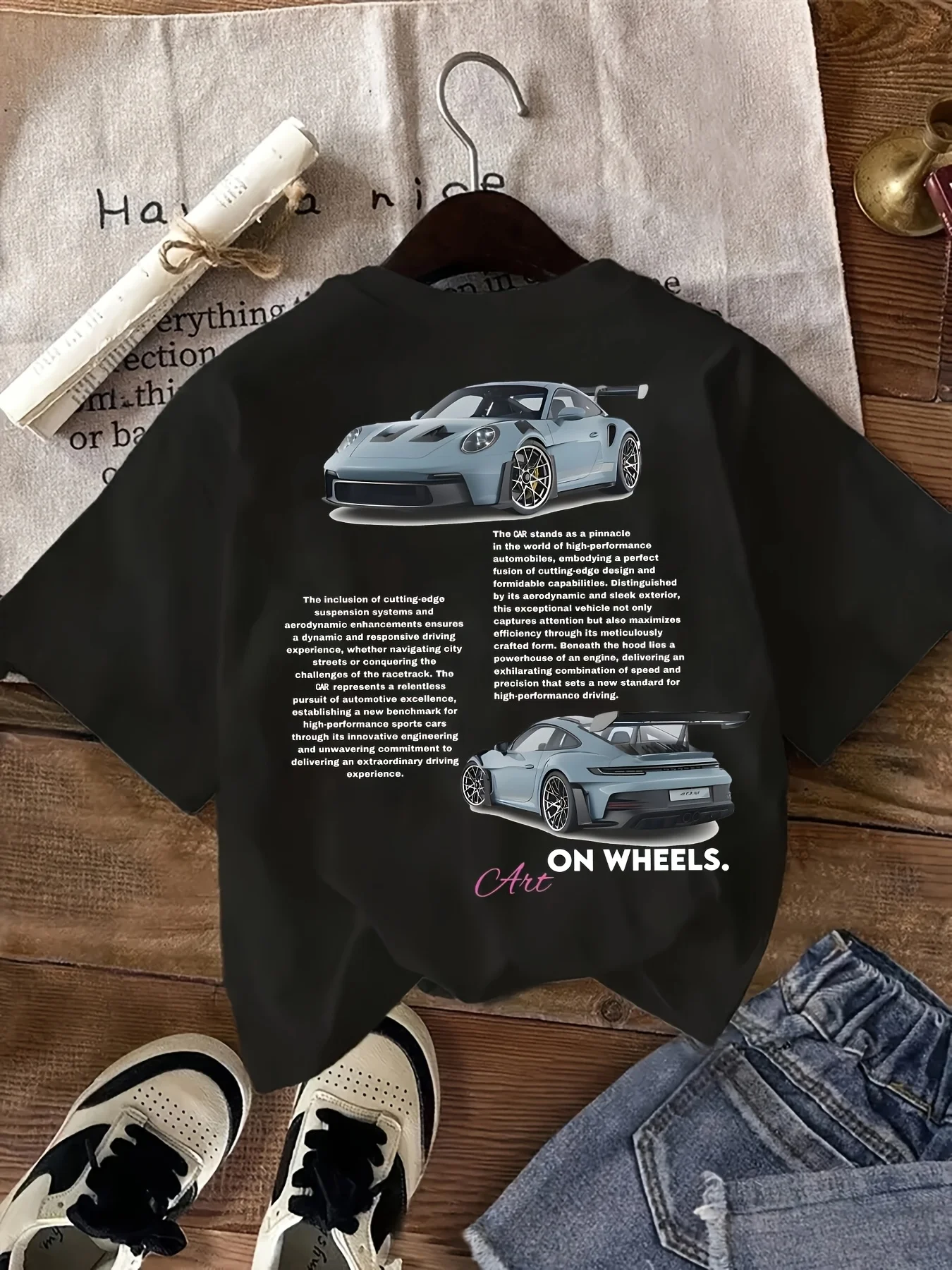 Family Matching T‑Shirt Sports Car Art On Wheels Text Back Print Parent‑Child Loose Casual Streetwear Cotton Tee Tops