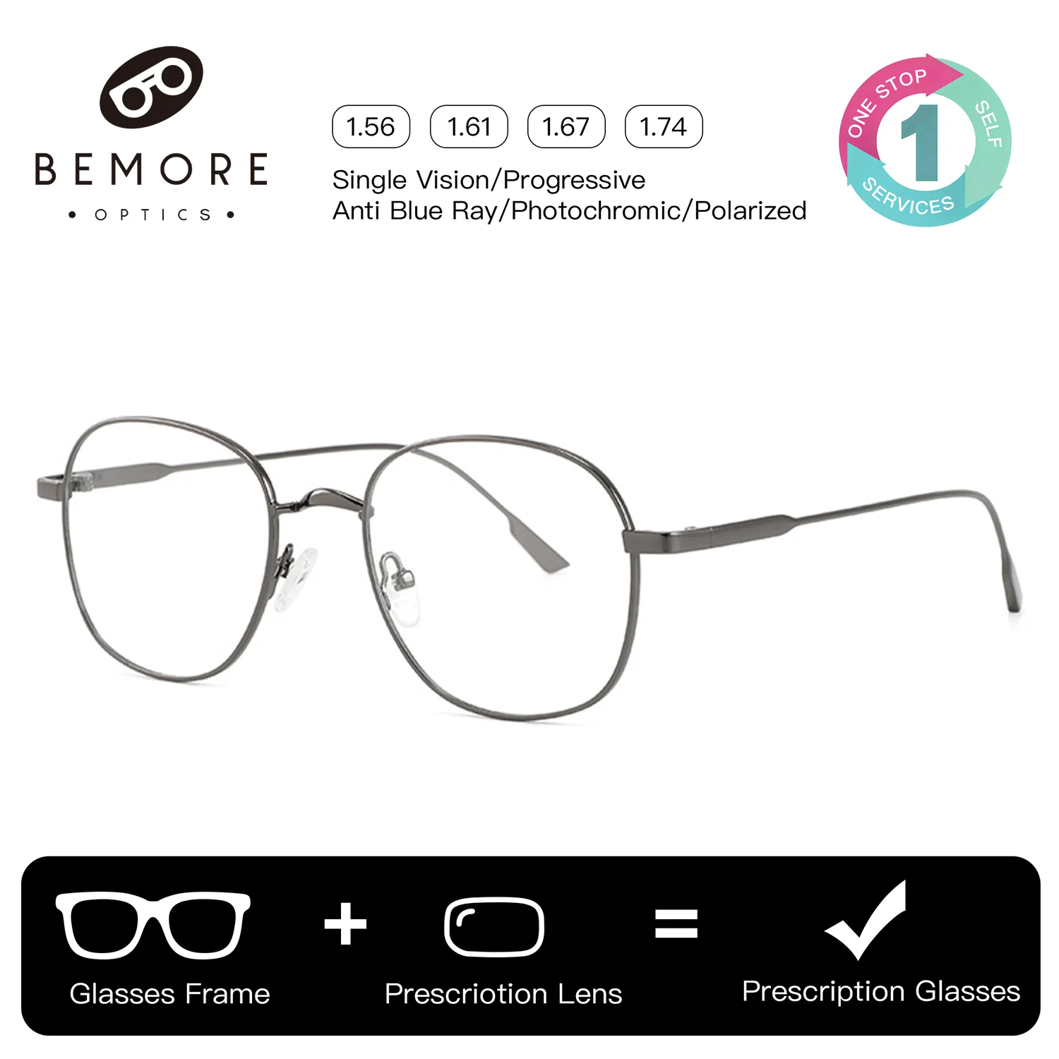 BEMORE Square Prescription Glasses Unisex Metal Photochromic Anti Blue Light Women Men Optical Multifocal Eyeglasses