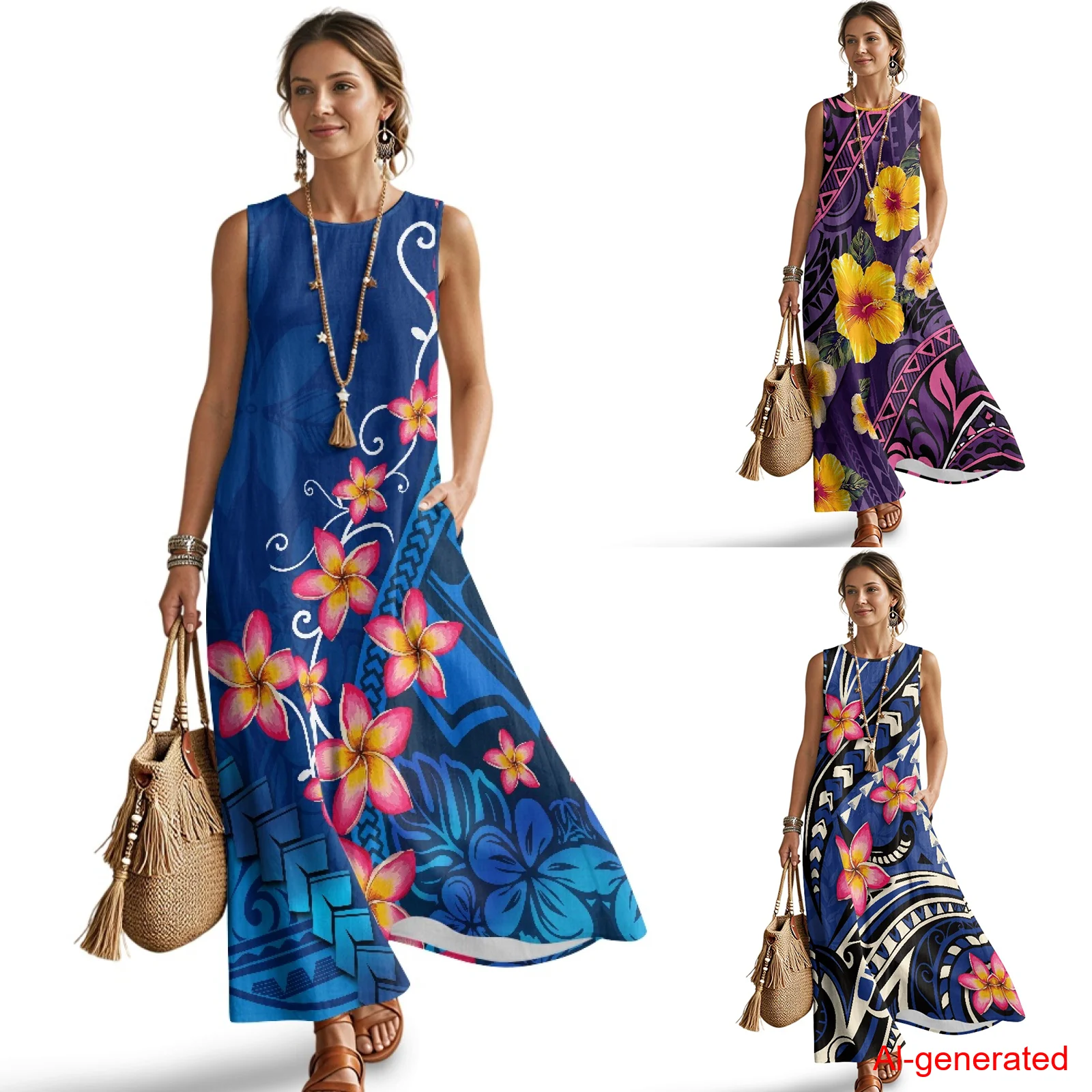 

INSTANTARTS Imitation Linen Loose Vest Long Skirt Polynesia Tank Maxi Dress for Women Casual Sleeveless Long Sundress S-3XL