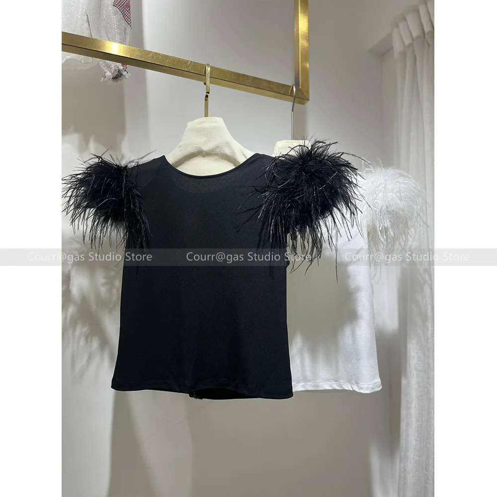 

2024 Spring and summer new celebrity splicing hair fringe Slim thin feather short T-shirt tops women