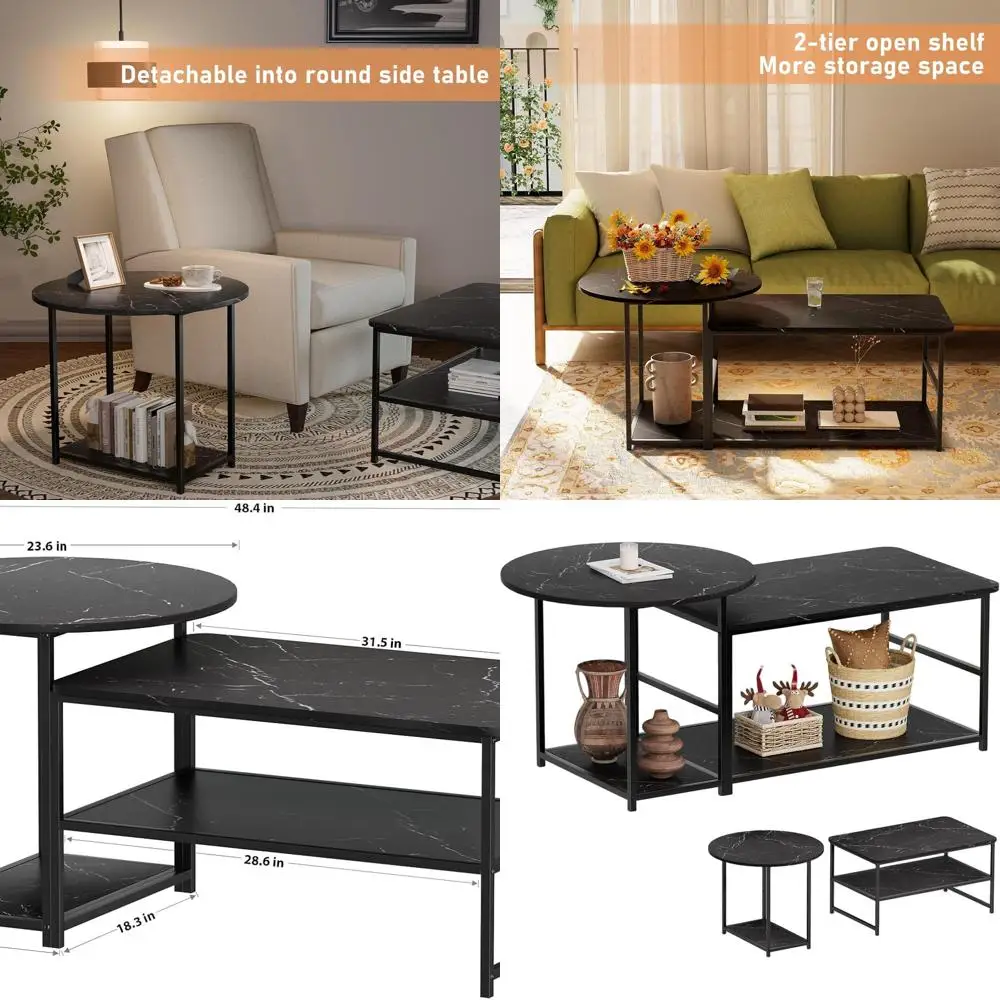 

Dual-Function Black Marble Coffee Table with Storage for Living Room, Sleek Modern Design