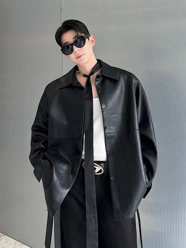 

TANGZ Studio Men's PU Leather Jaet with Structure Waist Belt Design Cool And Haome Vintage Sle Loose Fit All Seasons