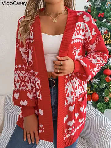 VigoCasey 2025 Autumn Print Christmas Sweater Cardigan Winter Women Casual Cardigan Lady Loose Long Sleeve Knitted Coat Outwears