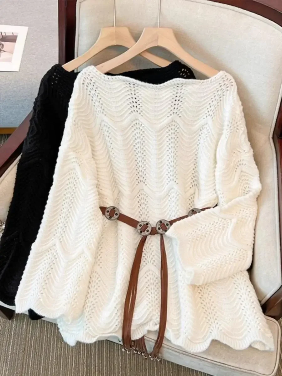 

Large Size Knitted Sweater With Belt Women's 2025 Autumn Long Sleeve Solid Color Slash Neck Pullover Female Korean Loose Top