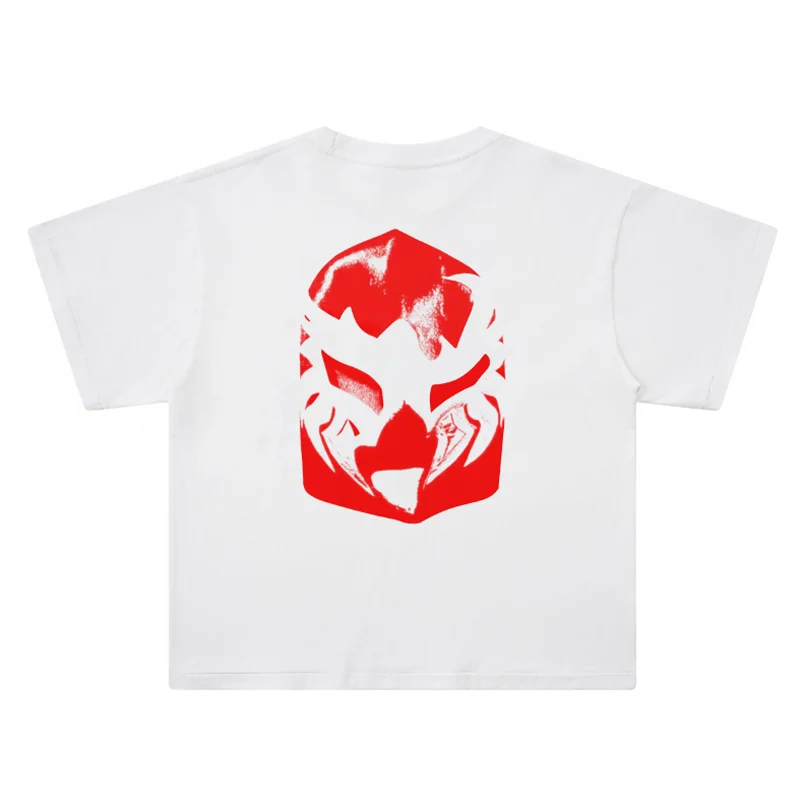 2026 White‑based Tee Red Star Abstract Mask Print Y2K Loose‑fit Street‑wear Kanye West Short Sleeve Tops