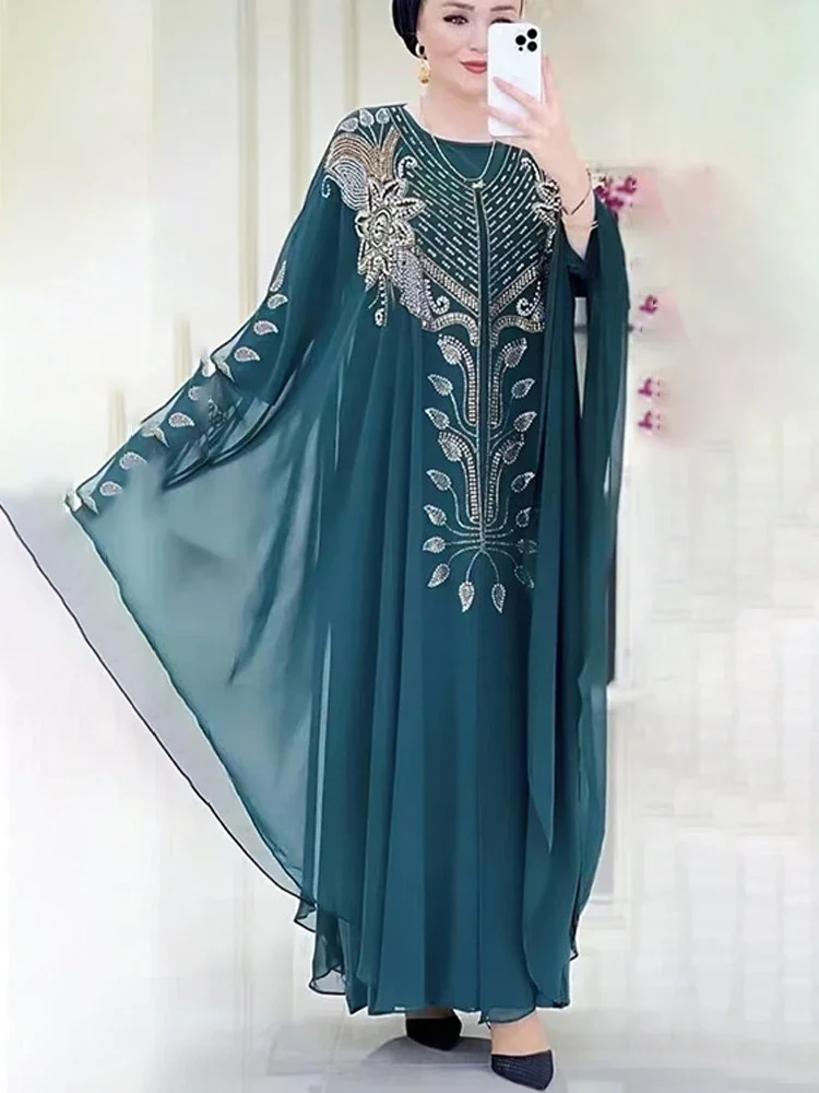 Chiffon Boubou Muslim Fashion Abaya 2 PCS Set Dubai Turkey Maxi Dress Musulman Ensembles Caftan Marocain Islamic Clothing