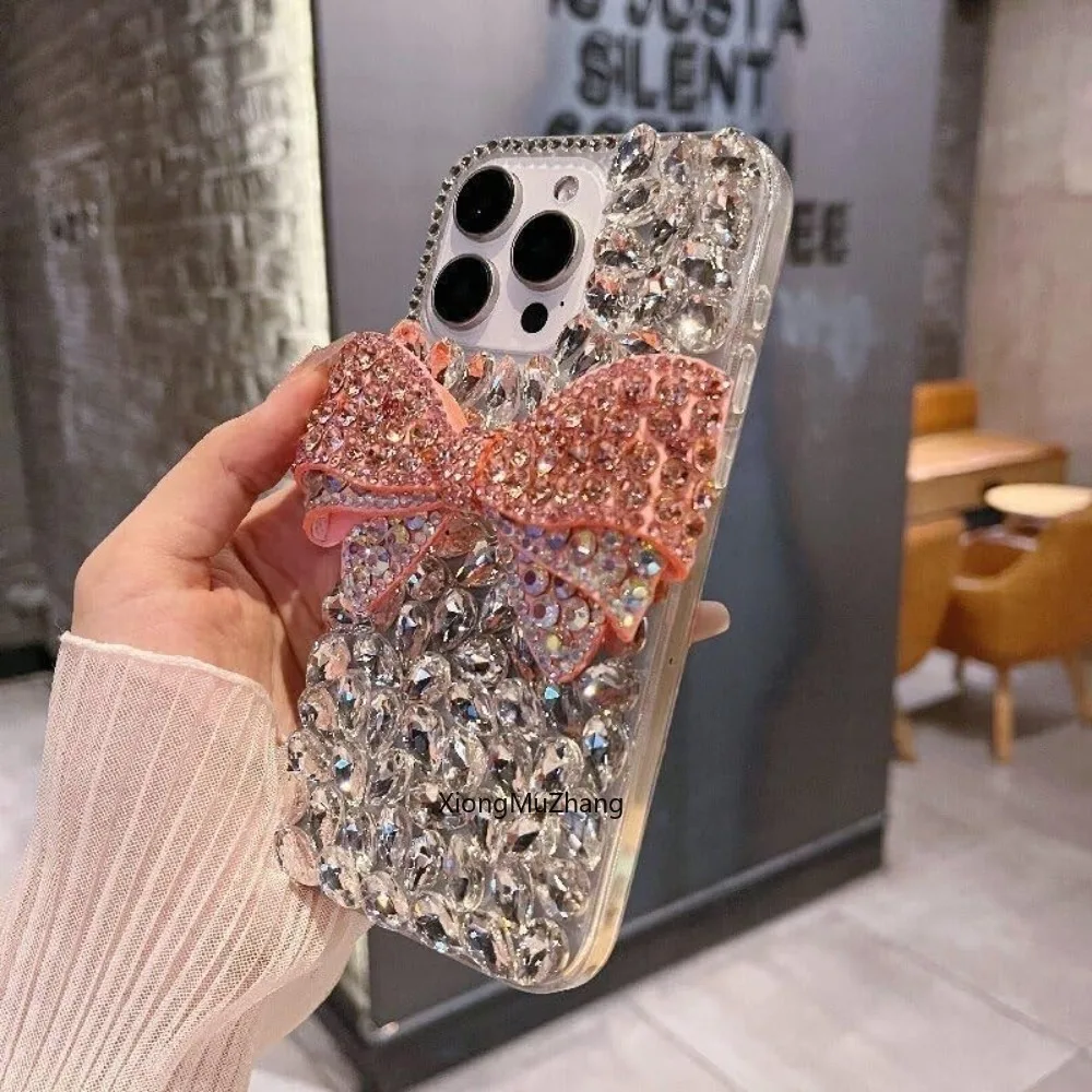 Vollständig mit Diamanten besetzte Handyhülle für iPhone 11 12 13 Mini 14 15 Pro Max 16 18 17 Pro Max Xs Max Luxuriöse Handgefertigte Schleifen-Handyhülle mit Kristallen – Detail 4