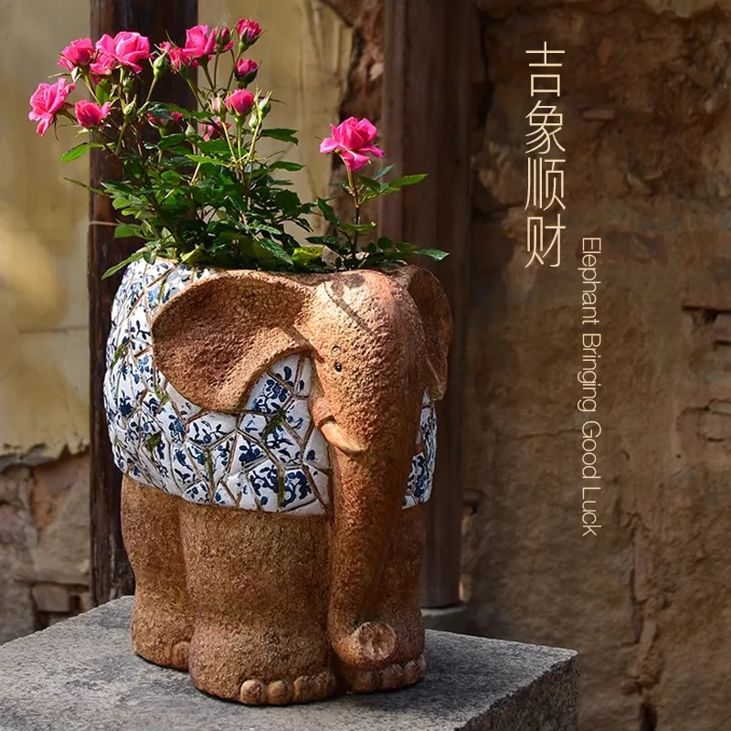 

Creative blue and white elephant flower pot balcony courtyard garden decoration villa entrance floor-to-ceiling potted flower