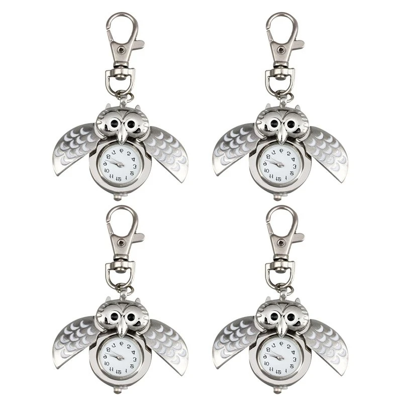 4X Owl Pocket Watch With Key Chain 40 X 25 Mm Silver