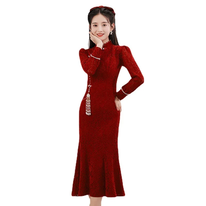 Gaun lengan panjang wanita, pakaian Panggang Cheongsam tradisional Burgundy pernikahan pertunangan China rok renda