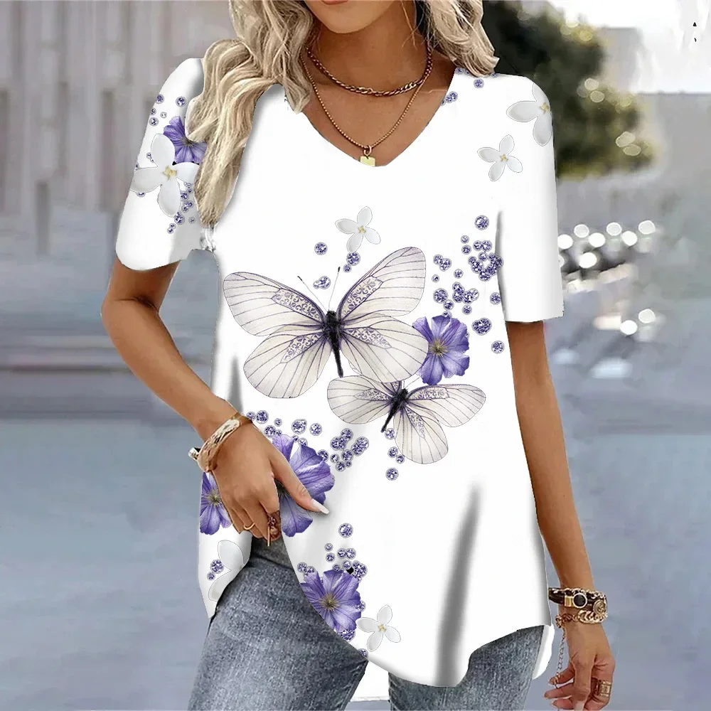 2024 Korean women\'s 3D painted butterfly print short-sleeved T-shirt V-neck short-sleeved top loose daily casual top comfortable