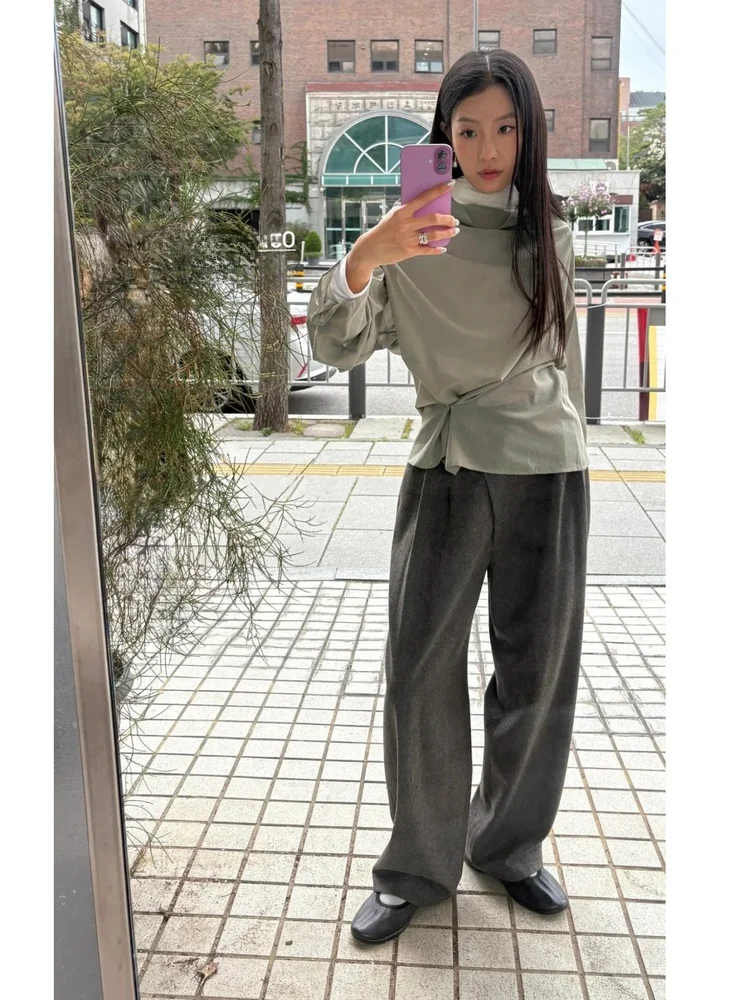 Casual Women's Suit Pants Autumn  Sle Pleated Asymmetrical Hem Straight Cut Drape Well Match All High Waist Long Tr...