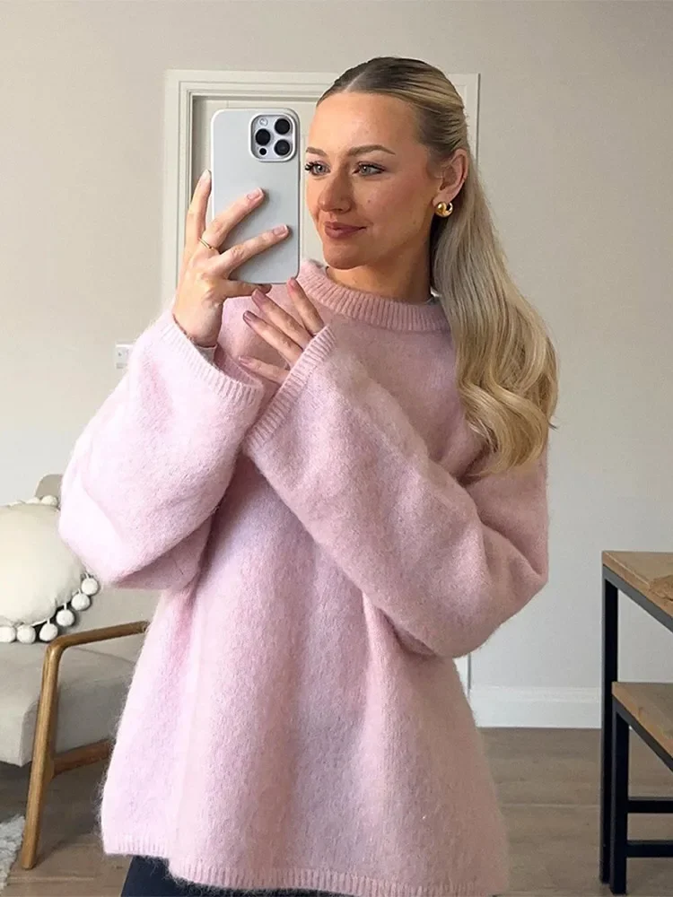 Pink Casual Loose O Neck Pullover Sweater For Women 2024 Autumn Elegant Long Sleeves Knitted Top Female New Chic Commute Jumpers