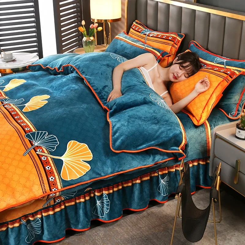 Bedding Set Luxury Winter Warm Thicken Milk Velvet Duvet Cover Bed Skirt Set Girls Flannel Orange Queen Comforter Bedding Sets