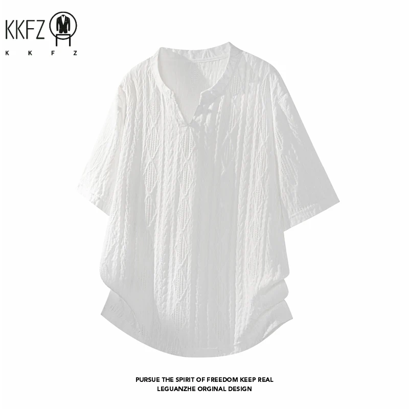 Male Lightweight Hollow Jacquard Short Sleeve Shirt V Notch Henley Neck Oversized Fit For Travel And Casual Outing