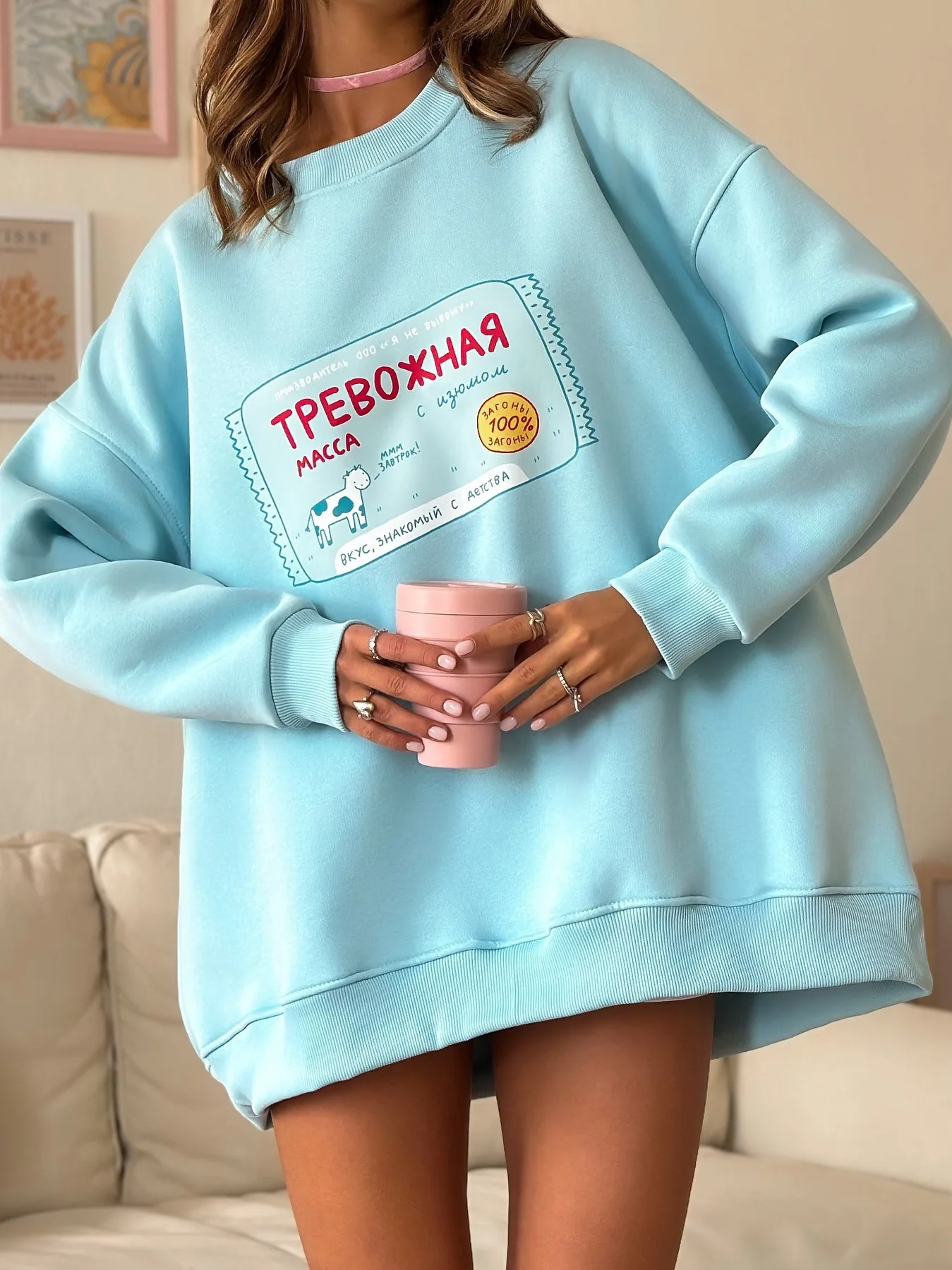 Hot Selling Women\'s Hoodie Solid Color Sweatshirt Cartoon Print O-neck Pullovers Long Sleeves Loose Coat Women\'s Top Fall Jacket