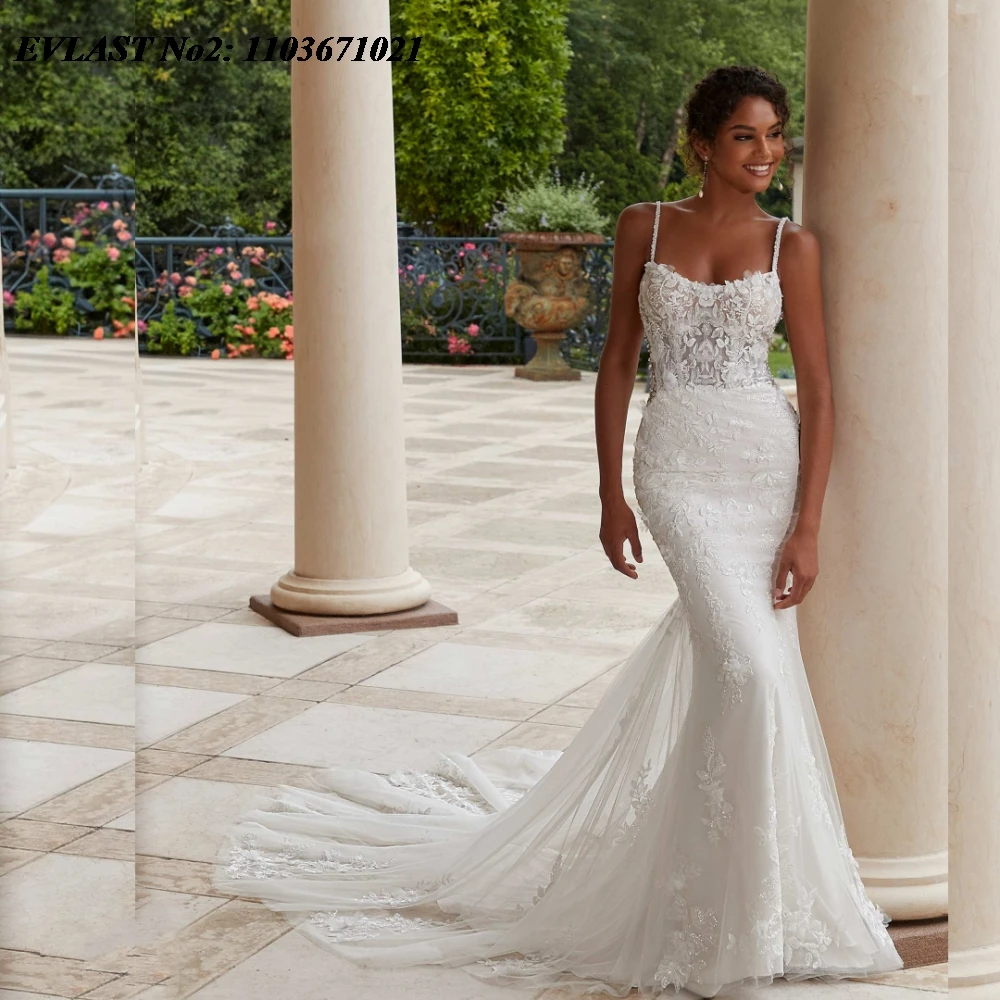EVLAST Элегантное свадебное платье русалки по индивидуальному заказу, кружевное свадебное платье с аппликацией и бисером, кристаллами, Vestido De Novia, Robe De Mariee MD15