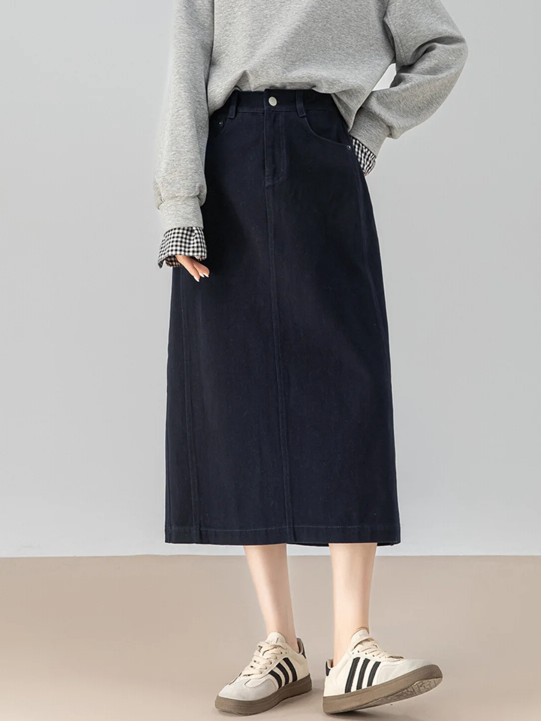 

Casual High Waist A-Line Midi Slit Denim Skirt for Women Spring Autumn New Sle Wear Resistant Cotton Knitted Skirt
