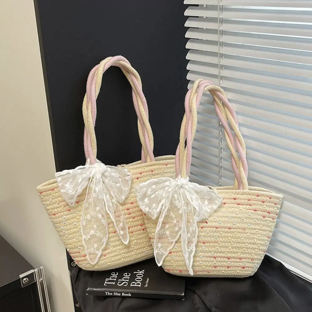 

Casual Shoulder Bag Woven Tote Bag with Ribbon Solid Color Pink Tote Handbag Korean Style Lightweight Summer Beach Bag Vacation