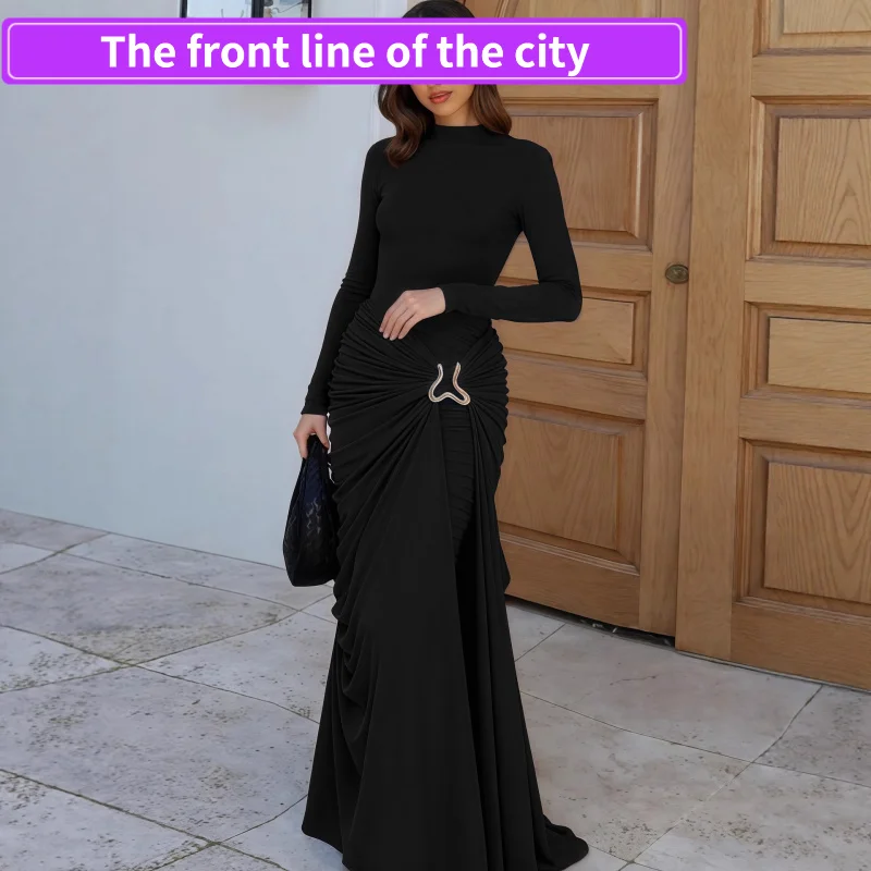 

Элегантное женское платье с длинным рукавом, однотонное, с кружевными вставками, разрезом, облегающее, с металлическим декоративным кольцом, синее, осеннее, модное