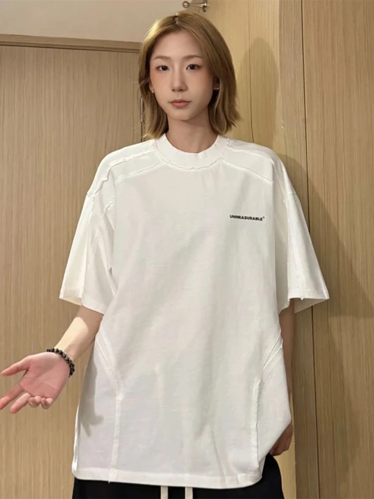 Grey Deconstructed Shoulder Short Sleeve Men's T-Shirt Heavyweight Rigorous Small Collar Half Sleeve American Style Summer Fa...