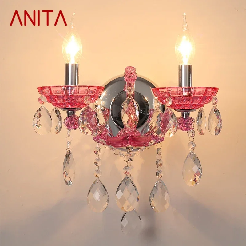 

ANITA European Style Crystal Wall Lamp Pink Girls' Room Candle Lamp Luxurious Living Room Restaurant Bedroom Villa