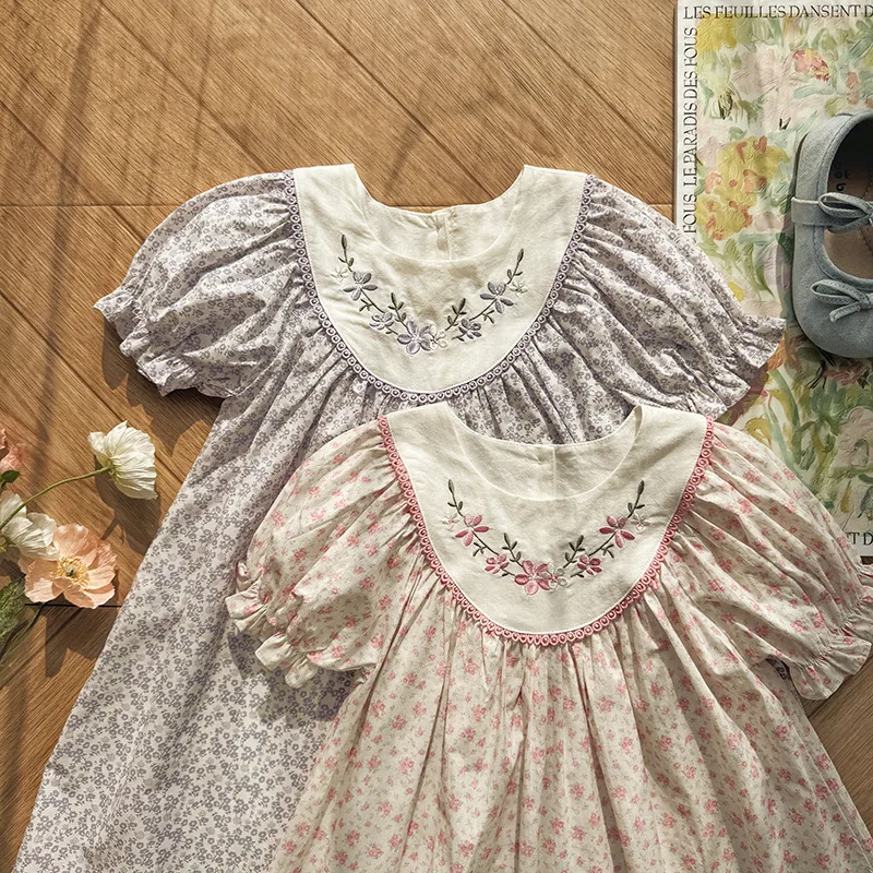 2026 Summer New Bubble Sleeve Lace Sweet Children Dress Korean Flower Embroidered Girls Short Sleeved Princess Dress