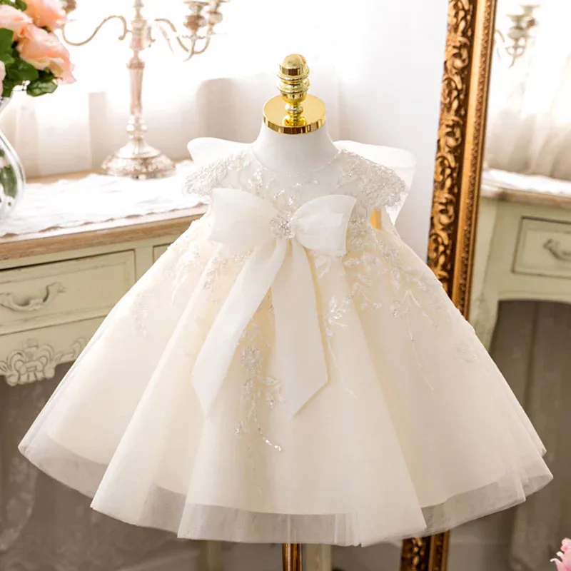 

Champagne color baby baptism dress lovely Lace appliques Flower Girl dress tulle first communion birthday formal occasion gown