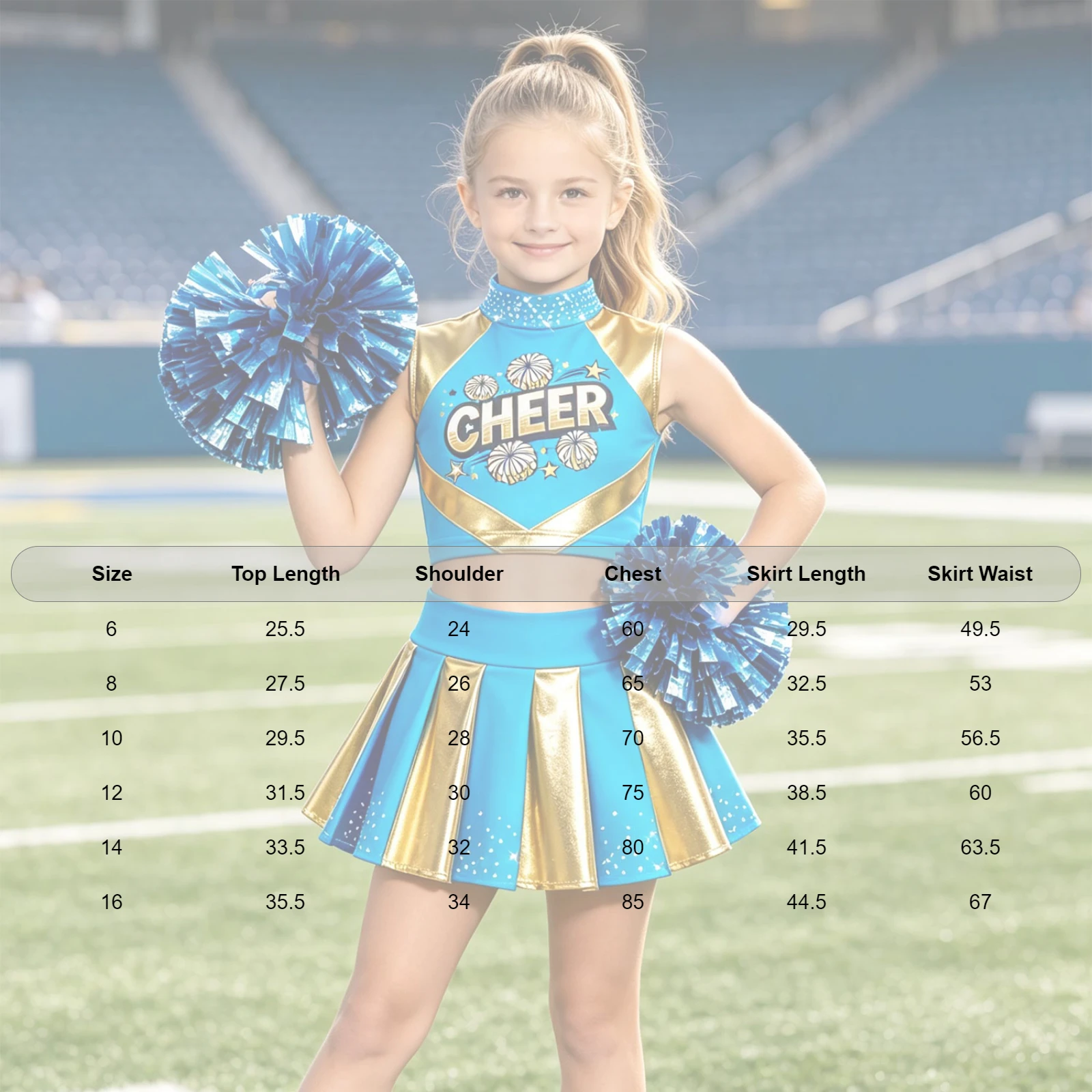 Cheerleader-Kostüm für Mädchen, Cheerleading-Uniform, 2-teiliges Set, ärmelloses Top mit Strasssteinen und „CHEER“-Aufdruck, kurzes Oberteil, plissierter Rock, Tanzoutfit. – Detail 1