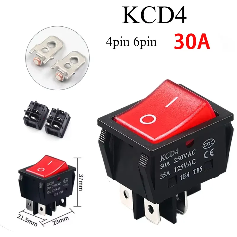 1 PCS, 30/35A 250V AC High Current, ON/OFF KCD4 Special for Welding Machine Red Copper Rocker Power Switch 4/6 Pin Button Switch