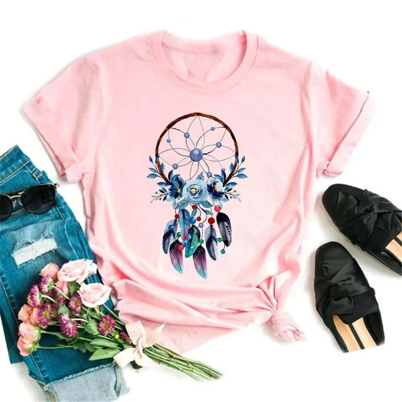 2026 Pure Cotton Children's T-shirt Fashionable Feather Dream Catcher Net Printed Parent-child Outfit for Men and Women