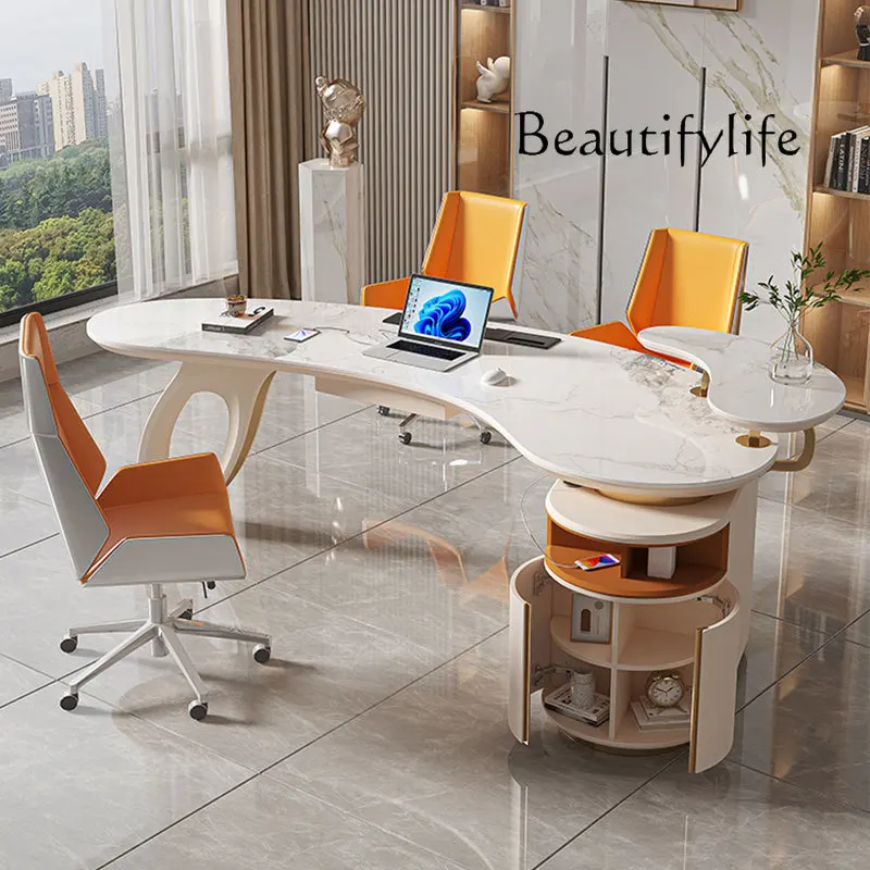 Q Light luxury rock slab desk Modern simple desk Home high-end study Creative arc