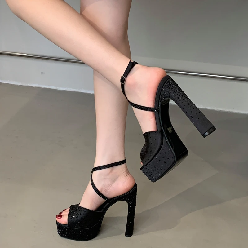 Black Rhinestone Satin Cross Strap Chunky Heeled Sandals Woman Platform High Heels Wedding Party Pole Dance Stripper Pumps Shoes