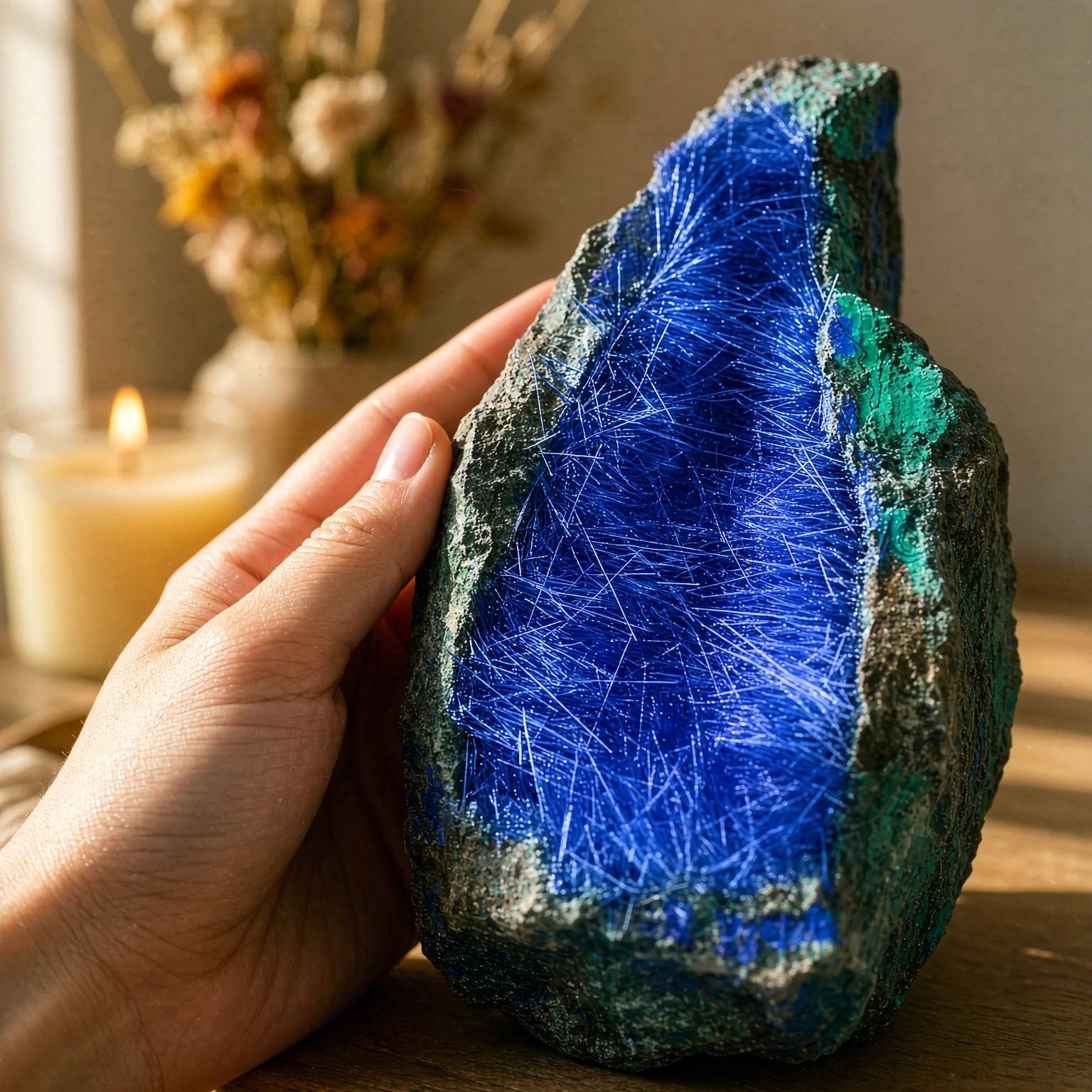 100-150g CrystalHola Blue Needle Quartz Azurite Specimen Bright Burrs Irregular Natural Rocks Home Office Decoration