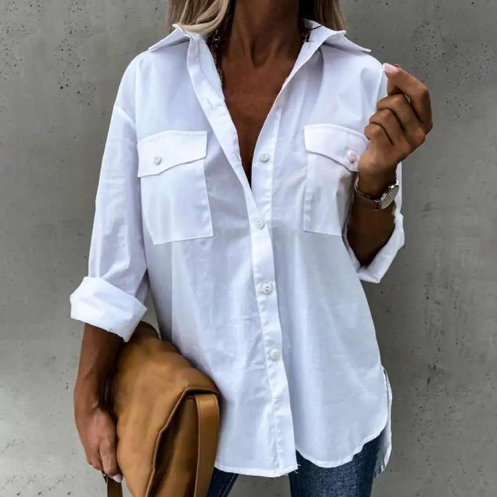 Fashion Women Shirts White Lady Long Sleeve Shirt Two Pockets Casual Turn-down Collar Blouses Loose Office Shirt blusas mujer