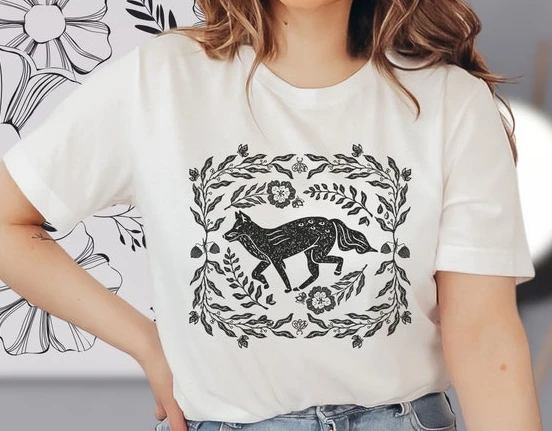 Vintage Linoprint Style Fox Shirt Aesthetic Folklore Forestcore Animals Mom Trendy Birthday Gift Crewneck Cottagecore T-Shirt