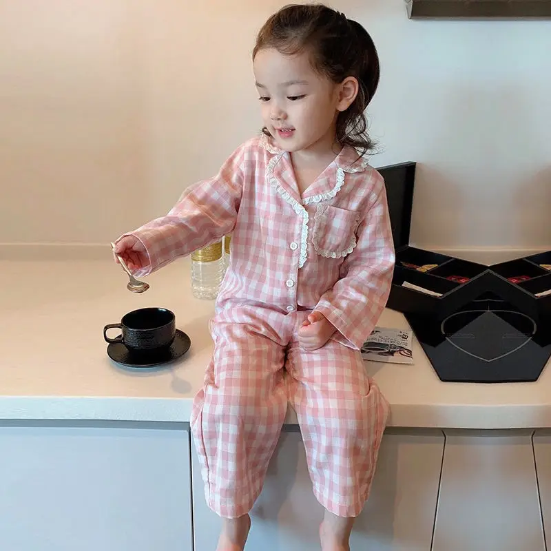 

Baby Girl Plaid Pajamas Clothes Set Cotton Coat+Pant 2PCS Spring Autumn Infant Toddler Child Lounge Suit Baby Home Suit 1-10Y