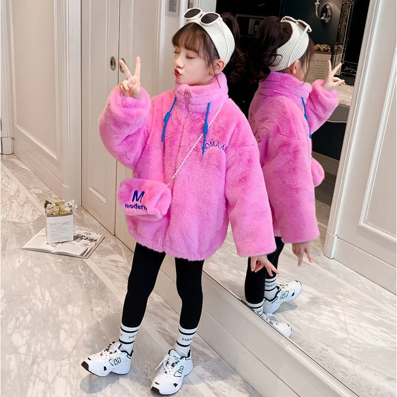 New Winter Plush Style Winter Girls Jacket Fashion Padded Lining Keep Warm Hooded Coat For Kids Children Birthday Present