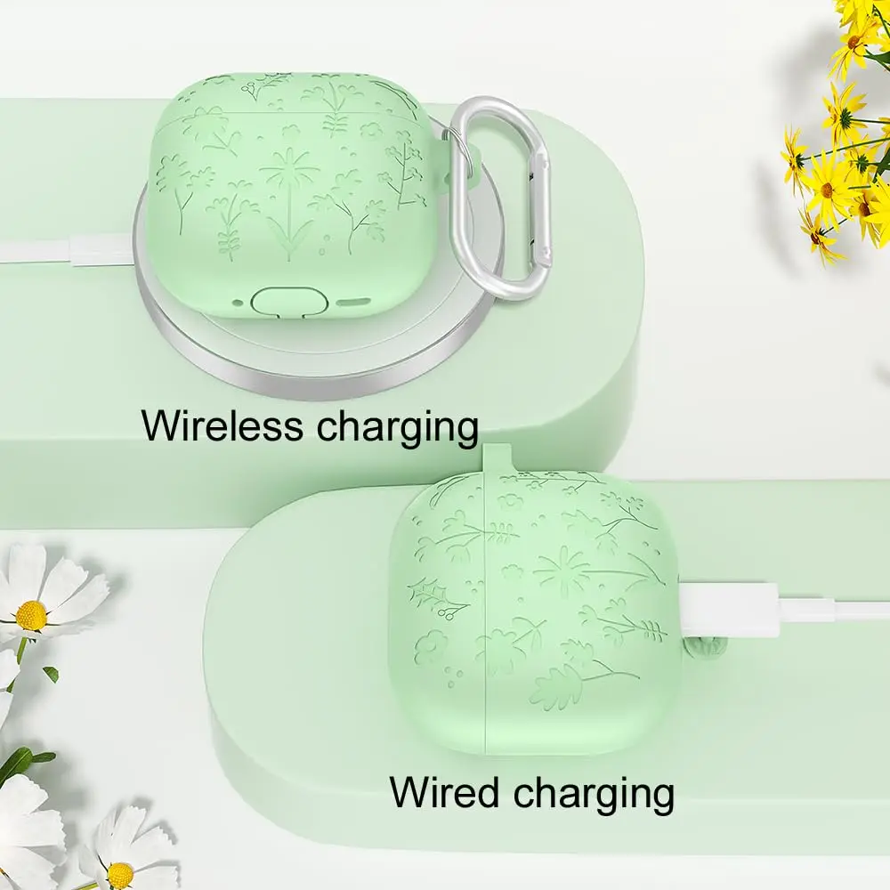 Berukir Bunga untuk Casing AirPods 4 Aksesori Kulit Silikon Pelindung dengan Gantungan Kunci & Tali Penyandang untuk Casing AirPods 4 (Biru Muda)