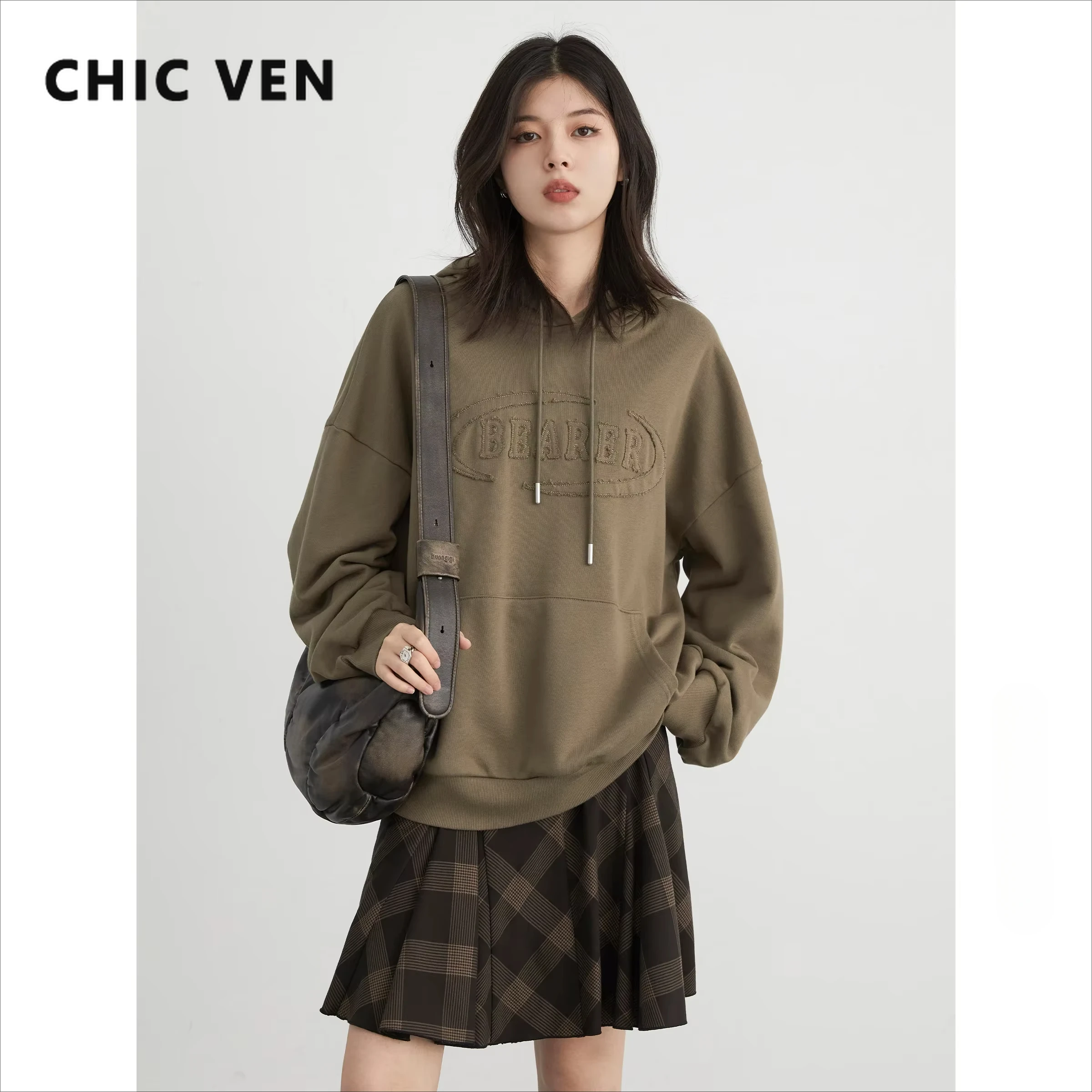 CHIC VEN Women Sweatshirts Loose Drawstring Hooded Letter Patch Embroidered Hoodies Coat Woman Jacket Spring Autumn 2024